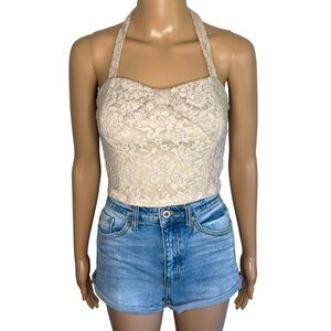 Charlotte Russe Beige Lace Sweetheart Neck Sleeveless Cropped Halter Tank Top